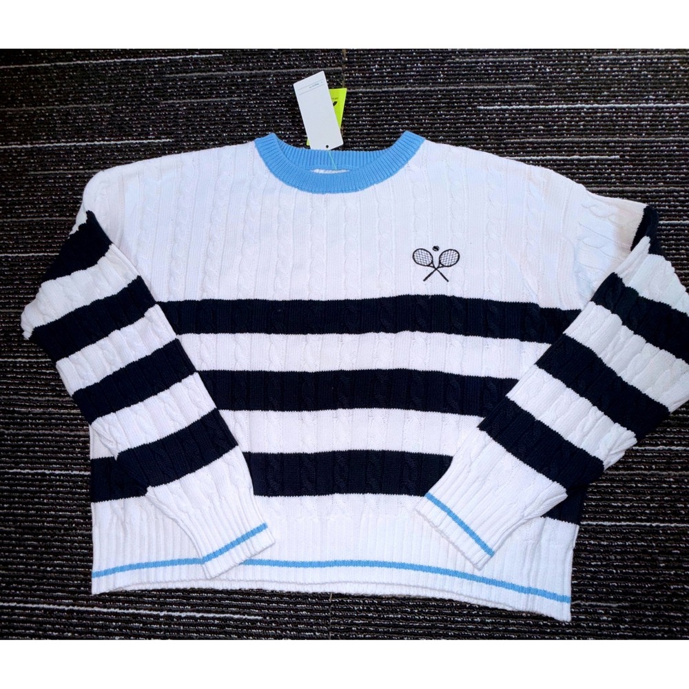 All in Motion Sweater Women L NEW Tennis Cable Knit Striped White Navy Blue